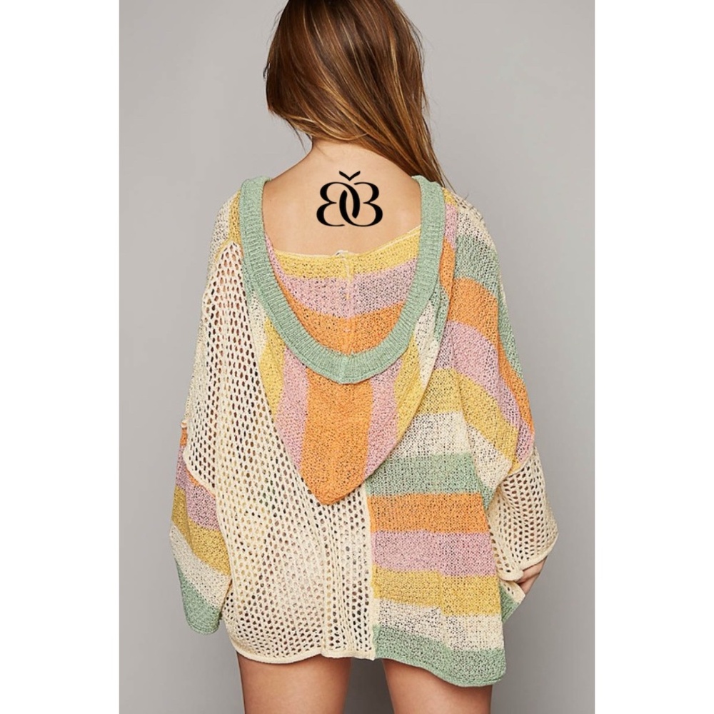 POL Half & Half Solid Striped Colorful Summer Knit Hoodie Sweater - Picture 2 of 9